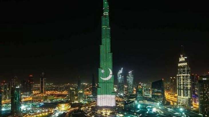 برج الخلیفہ یوم پاکستان دے موقع تے پاکستانی جھنڈے دے رنگ اچ رنگ گیا