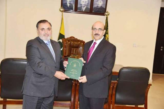 Justice Supreme Court Mustafa Mughal in his capacity as the Chief Election Commissioner presented the report of the General Elections held in Azad Jammu and Kashmir in 2016 to Sardar Masood Khan, President Azad Jammu and Kashmir at the President House here today