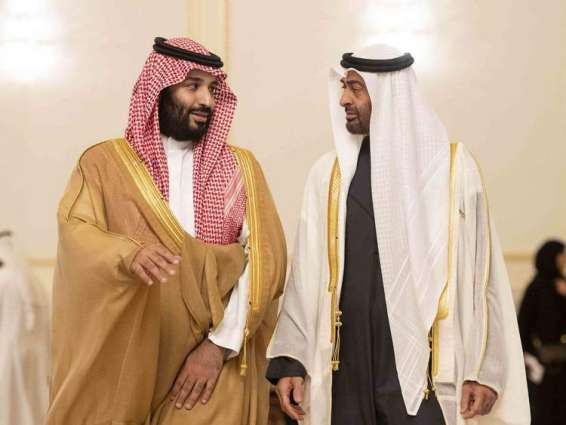 Mohamed bin Zayed receives Mohammed bin Salman during official ceremony at Al Watan Palace