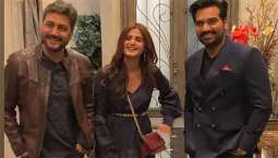 Hira Mani, Adnan Siddiqui and Humayun Saeed smile together in US