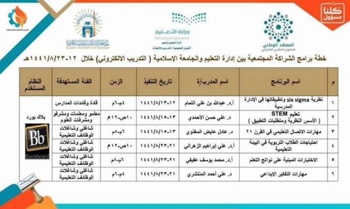 الجامعة الإسلامية بالمدينة المنورة تنفذ برامج تدريبية عن بعد لمنسوبي تعليم محافظة المهد غداً