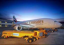 Emirates welcomes its first of three A380s, powered by a blend of conventional jet-sustainable aviation fuel
