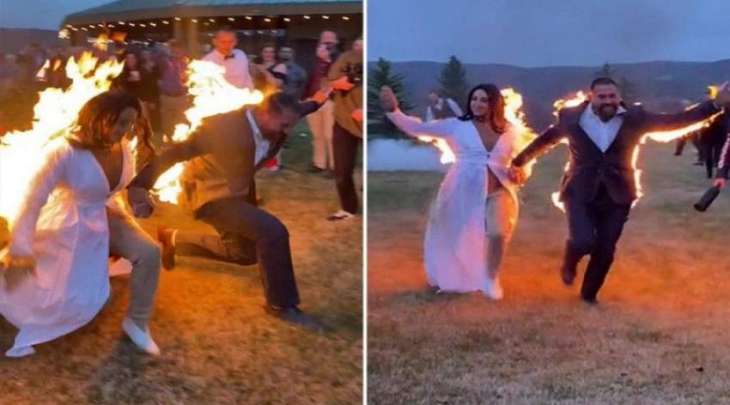 اشتعال النار فی عروسین أثناء أغرب احتفال بمناسبة زواجھما