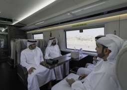 Mohammed bin Rashid boards Etihad Rail passenger train for journey between Dubai, Fujairah ahead of commercial launch in 2026