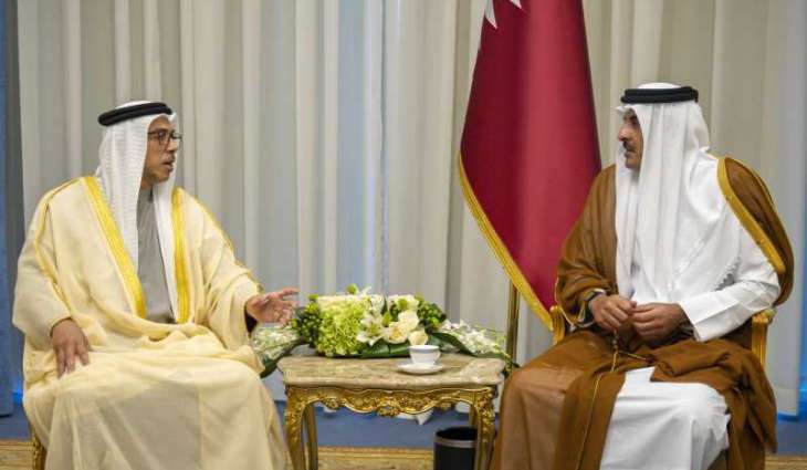 منصور بن زايد يلتقي أمير  قطر على هامش قمة شرم الشيخ للسلام