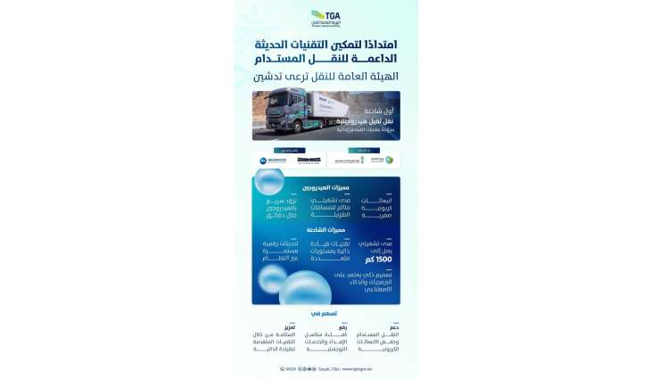 الهيئة العامة للنقل ترعى تدشين أول شاحنة نقل تعمل بوقود الهيدروجين مزوّدة بتقنيات القيادة الذاتية
