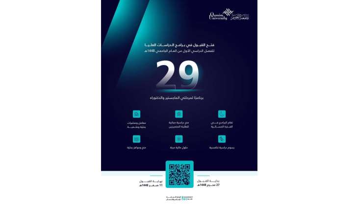 جامعة القصيم تفتح باب التقديم على 29 برنامجًا للدراسات العليا للفصل الدراسي الأول 1448هـ