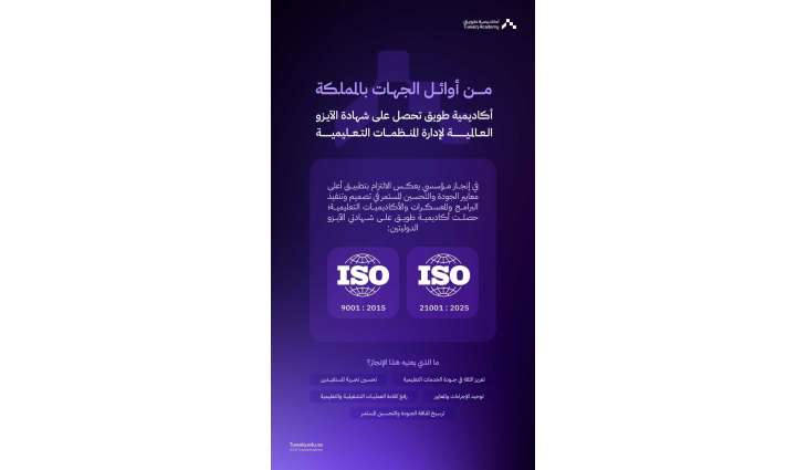 أكاديمية طويق من أوائل الجهات بالمملكة حصولًا على شهادة الآيزو العالمية لإدارة المنظمات التعليمية
