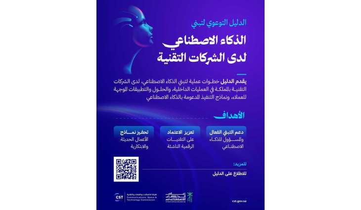 هيئة الاتصالات والفضاء والتقنية تطلق الدليل التوعوي لتبني الذكاء الاصطناعي لدى شركات التقنية