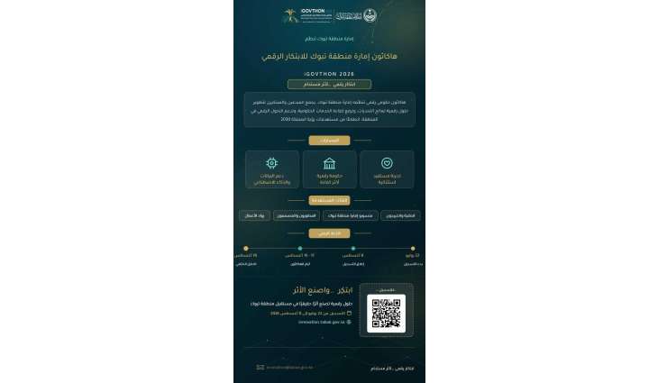 هاكاثون إمارة منطقة تبوك للابتكار الرقمي iGOVTHON 2026 يواصل استقبال طلبات المشاركة